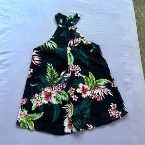 JAPNA Tropical Floral Halter Neck Top Blouse with Slit below Collar, Size XS